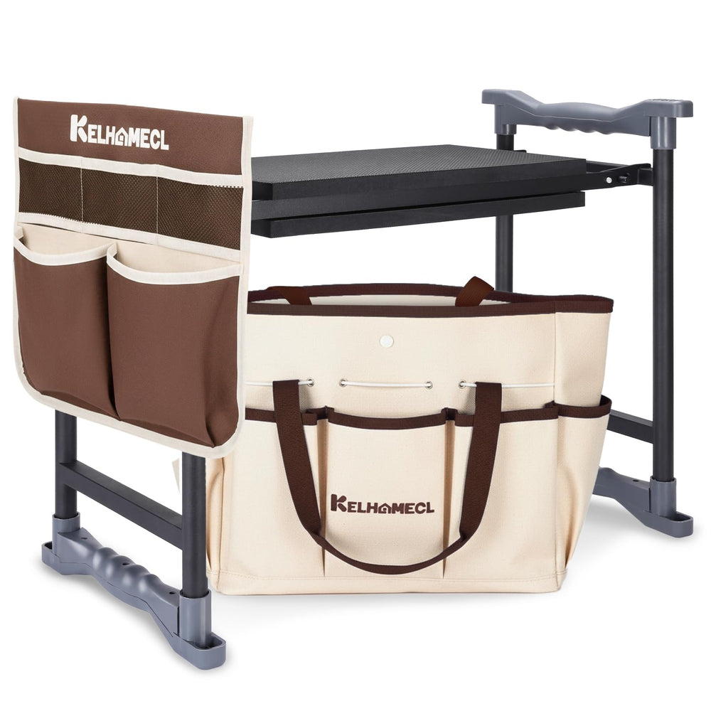KELHOMECL Garden Kneeler and Seat front view with beige and coffee brown cushion