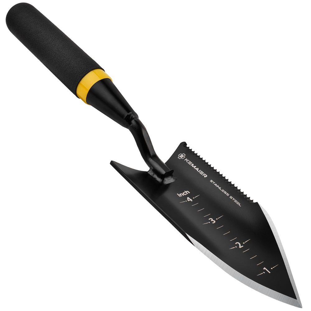 Kemaier Heavy Duty Gardening Hand Trowel front view with serrated edge
