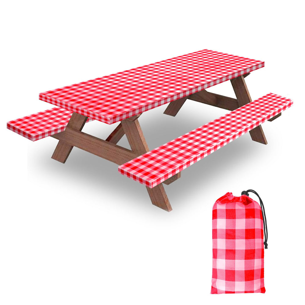 KENOBEE 8ft picnic table cover set, red-white checkered pattern