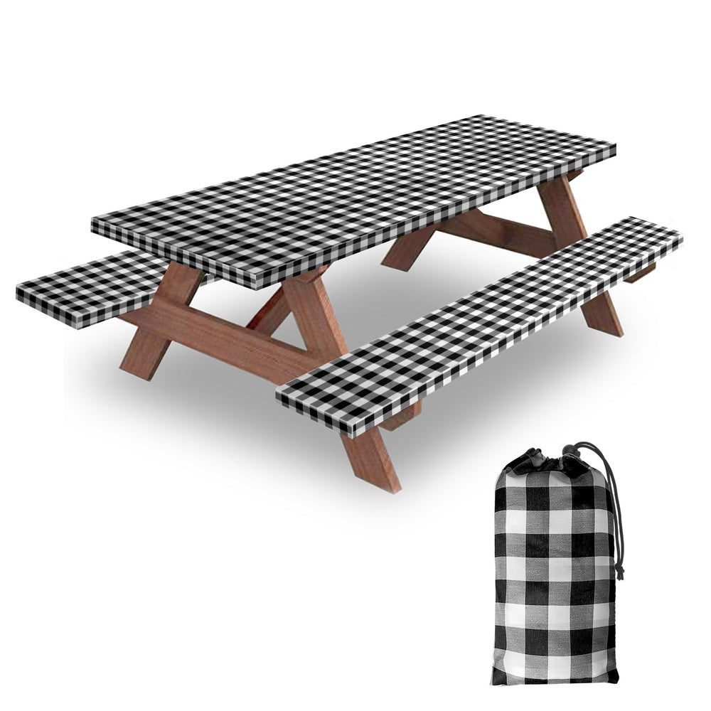 KENOBEE picnic table cover set, black-white checkered, front view