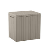 Keter City 30 Gal Outdoor Storage Box in beige, front view