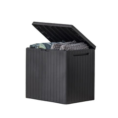 Keter City 30 Gallon Outdoor Storage Box dark grey front view