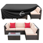 Kipiea patio furniture cover front view in black, 74" L x 47" W