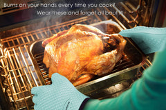 Kitchen Perfection BBQ Gloves laid flat with e-books and hangers