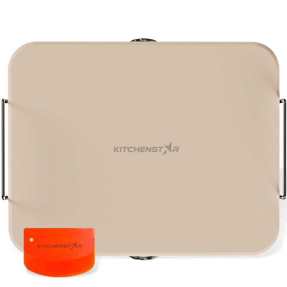 KitchenStar 15x12 pizza stone front view with stainless steel stand