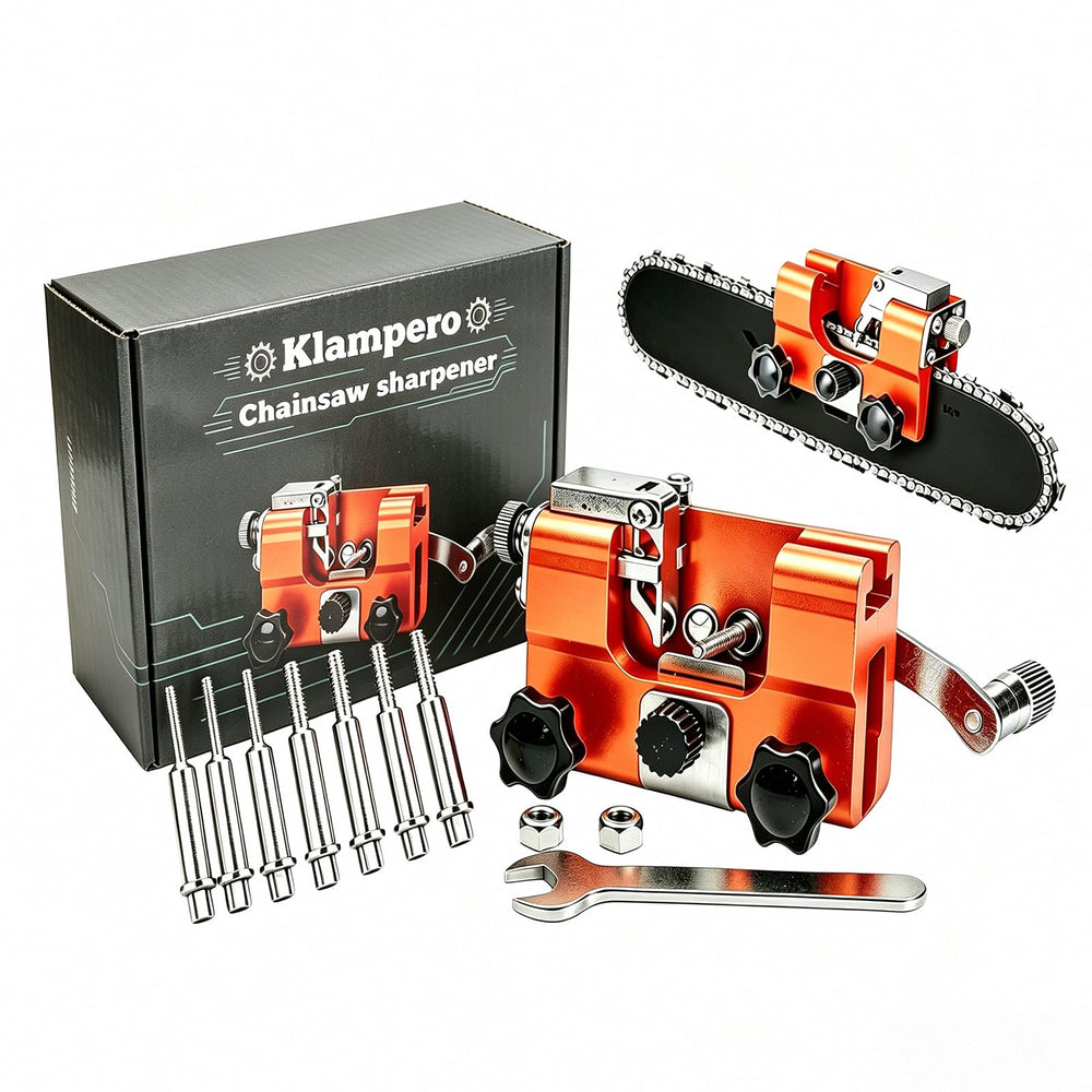 Klampero Pro Chainsaw Sharpener front view with grinding stones