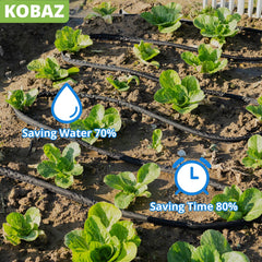 KOBAZ Flat Soaker Hose 75 ft with stake in garden bed
