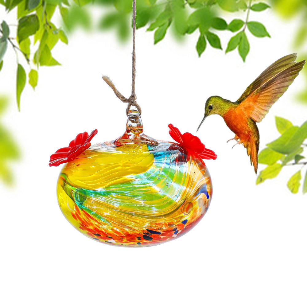KRISININE Hand Blown Glass Hummingbird Feeder in vibrant colours