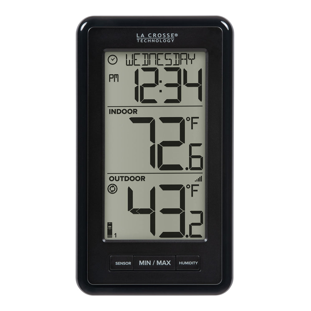 La Crosse Technology wireless thermometer front view with large LCD display