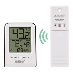 La Crosse thermometer showing temperature and humidity readings
