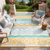 Lahome 8x10 outdoor rug in blue and yellow front view