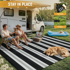Lahome black and white striped rug on patio