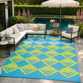 Lahome Outdoor Rug 8x10 blue and yellow checkered design front view