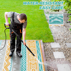 Lahome outdoor rug laid out on a patio
