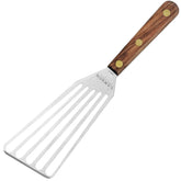 Lamson Slotted Fish Spatula front view with stainless steel blade and walnut handle