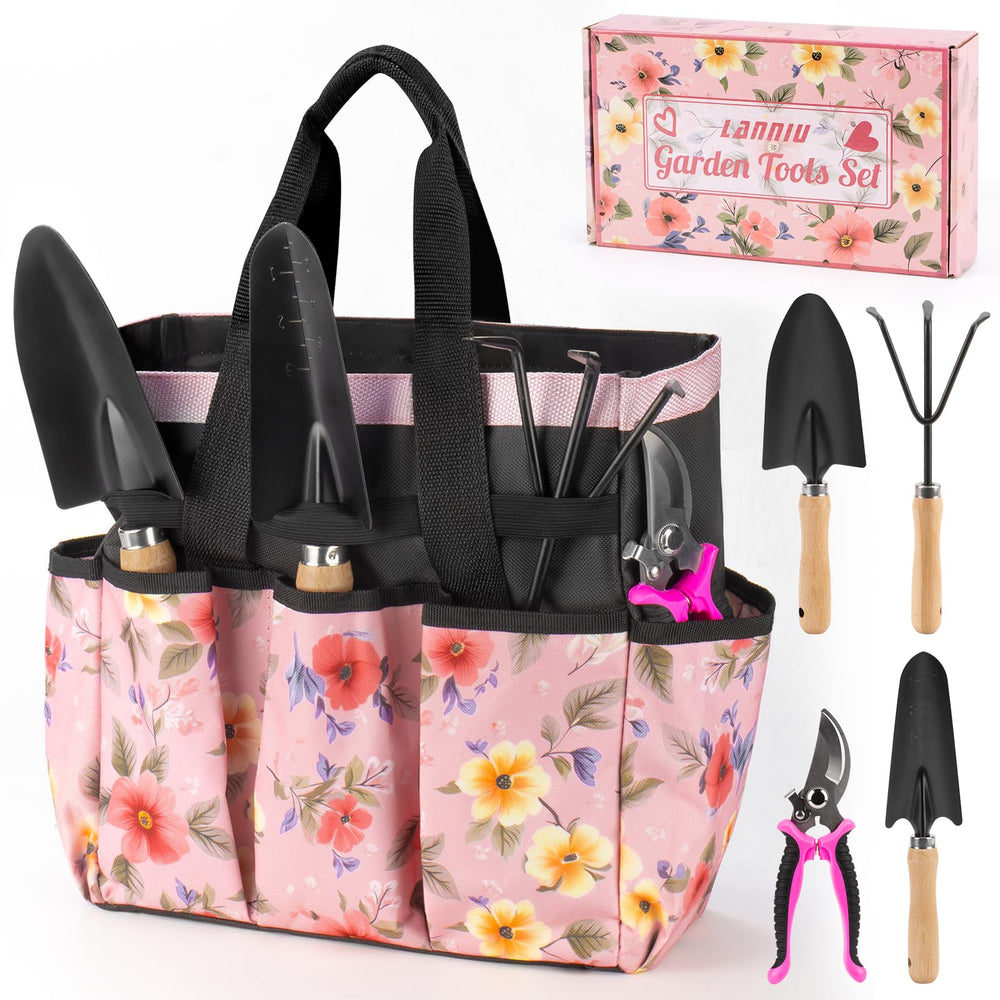 LANNIU 5 Piece Pink Gardening Tool Set front view in floral design
