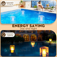 LanPool Floating Solar Lights in gradient mode, poolside view