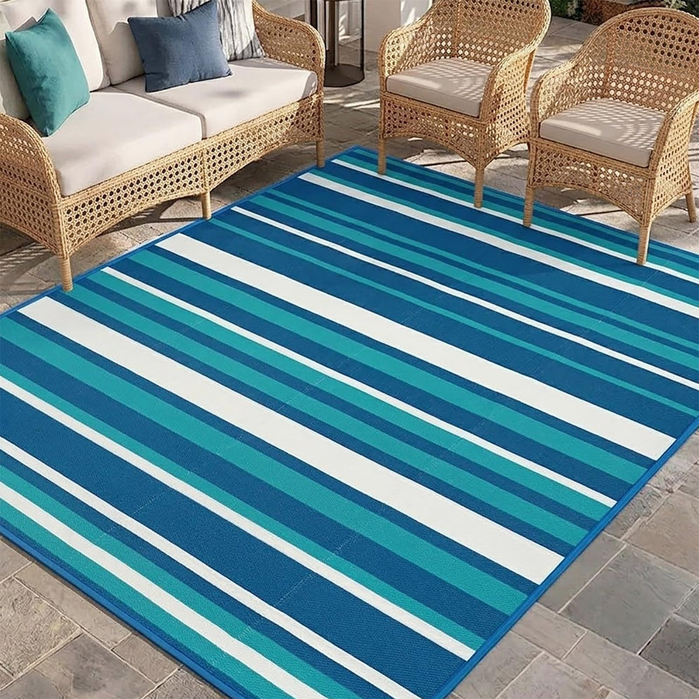 LANVIA Outdoor Patio Rug 5x8 FT blue tricolor stripe pattern