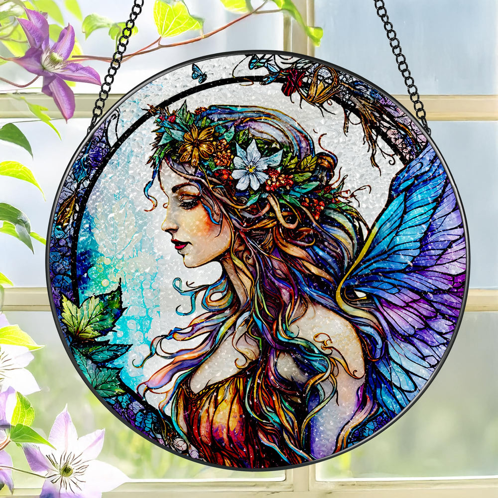 LAOWEIKI 8-inch Fairy stained glass suncatcher front view