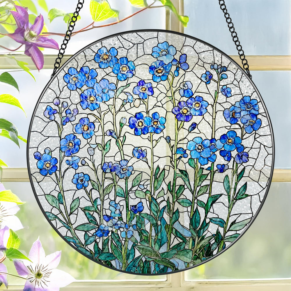 LAOWEIKI 8 Inch Forget-Me-Not Stained Glass Suncatcher front view