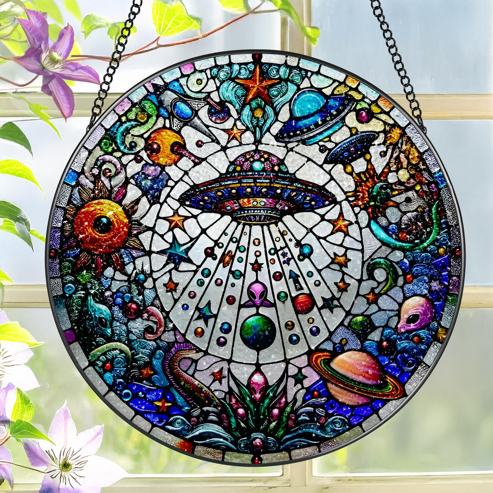 LAOWEIKI 8-inch UFO & Alien stained glass suncatcher front view