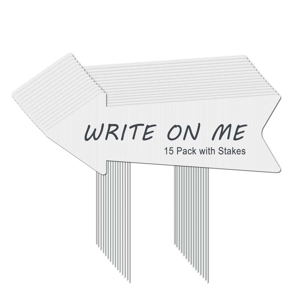 LARREEDE Blank Arrow Signs 15 Pack with 30 stakes, white background