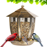 LBTING Hexagon Lantern-Shaped Bird Feeder front view, dark brown finish