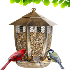LBTING Hexagon Lantern-Shaped Bird Feeder front view, dark brown finish