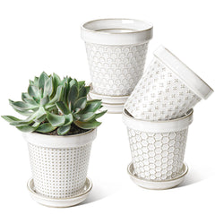 LE TAUCI 5 Inch Ceramic Plant Pot front view with embossed design