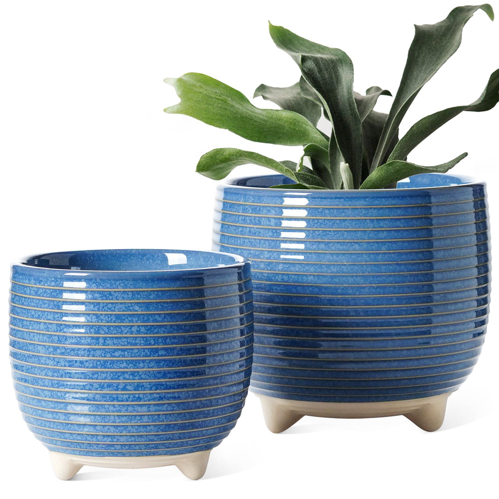 LE TAUCI ceramic plant pot set with reactive glaze blue finish