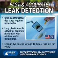 Leakmaster detection kit components including syringe and dye bottle