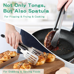 Lebabo tongs in use flipping burgers on a grill