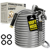 Lefree 100ft Metal Garden Hose with gray finish and nozzle