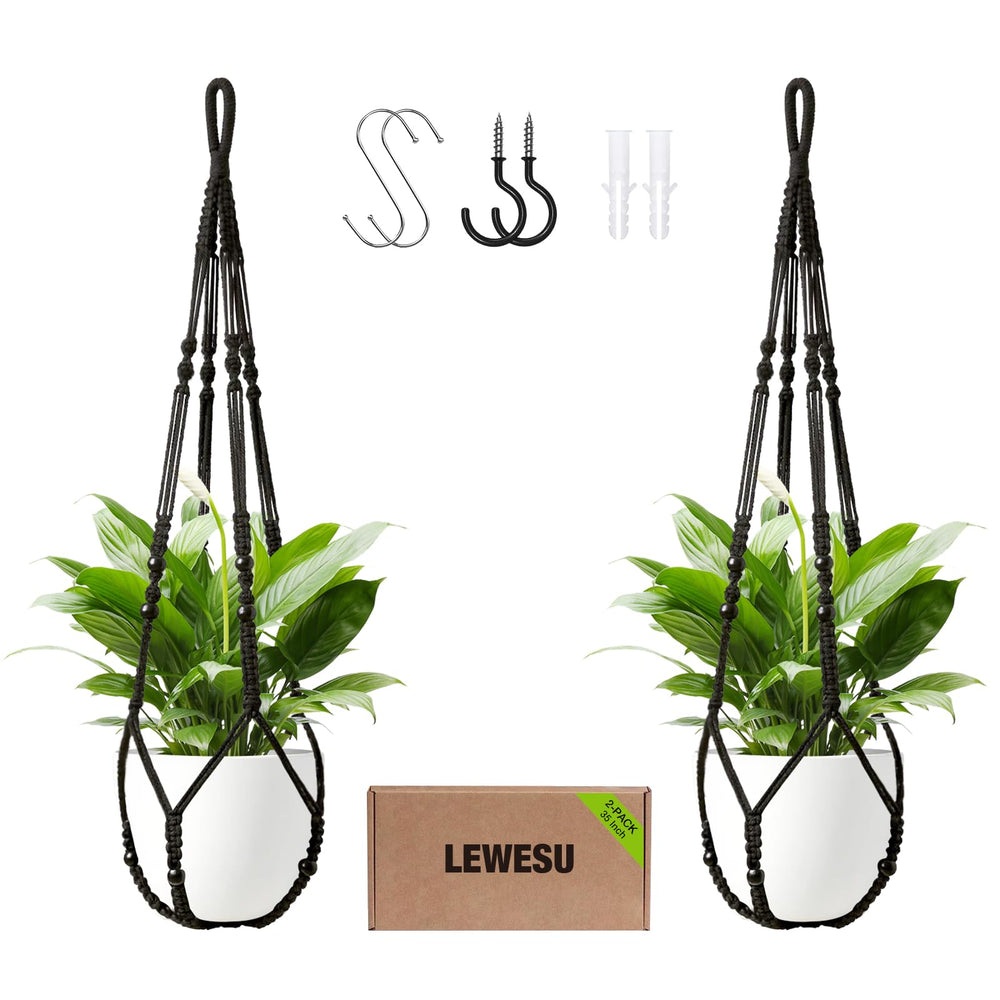 LEWESU macrame plant hanger set of 2 with black colour and decorative wood beads