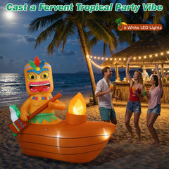 Lewondr tiki figure in grass skirt paddling a boat