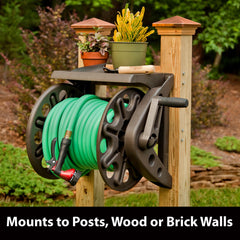 Liberty Garden Wall Mounted Hose Reel with storage shelf and accessories