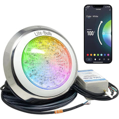 Life-Bulb Smart Pool LED Light front view with stainless steel finish