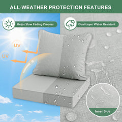 Light grey patio cushions with anti-slip bottom detail