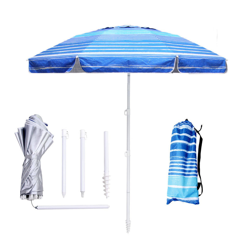 LOTTAFUN 6ft Beach Umbrella in Blue Wave Stripe front view