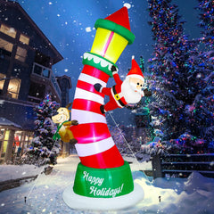 Lulu Home 9FT Christmas Inflatable Lighthouse front view with Santa and reindeer
