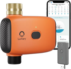 Lumary WiFi Water Timer front view with brass inlet