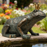 Lune cle Crouching Frog Prince Garden Statue front view with golden crown