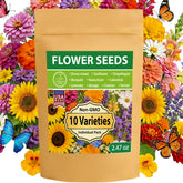 LUOJIBIE flower seeds pack displaying 10 varieties including zinnia and sunflower.