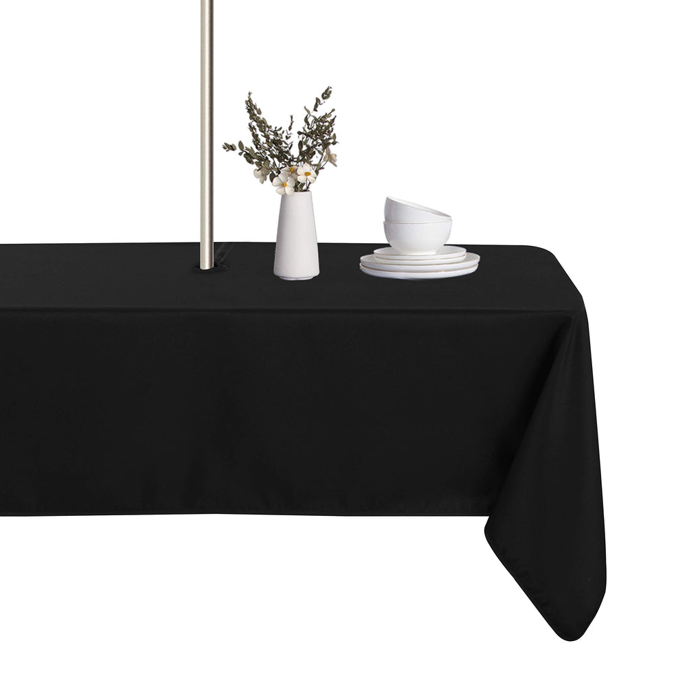 LUSHVIDA 60x84 inch black tablecloth front view with umbrella hole