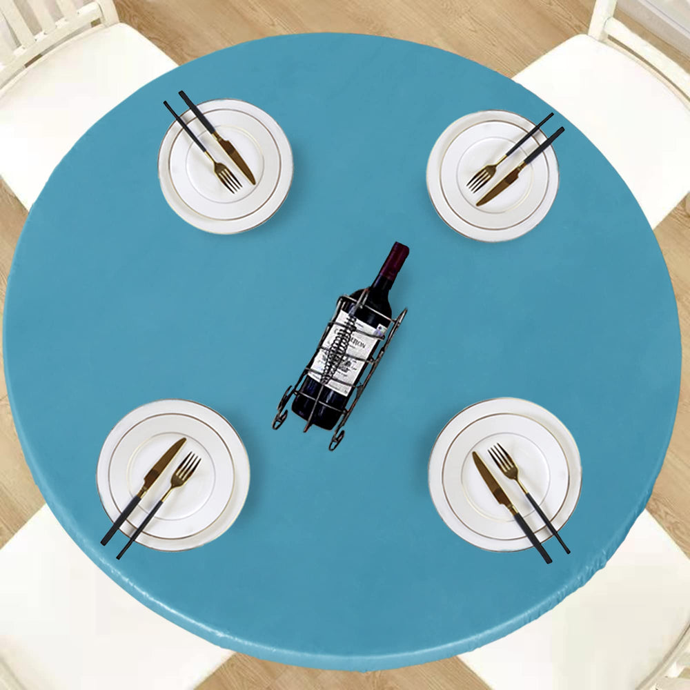 LUSHVIDA teal round tablecloth front view, 44 inches