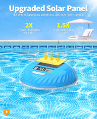 LuxBlue Floating Solar Pool Thermometer in pool water with lights