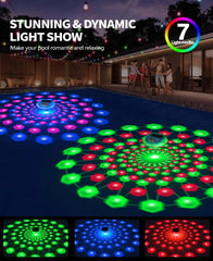 LuxBlue pool thermometer displaying vibrant light show at night