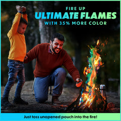 Magical Flames Fire Color Packets in use at a campfire, vibrant flames