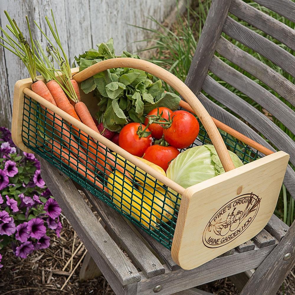 Maine Garden Hod front view with oak handle and wire mesh body