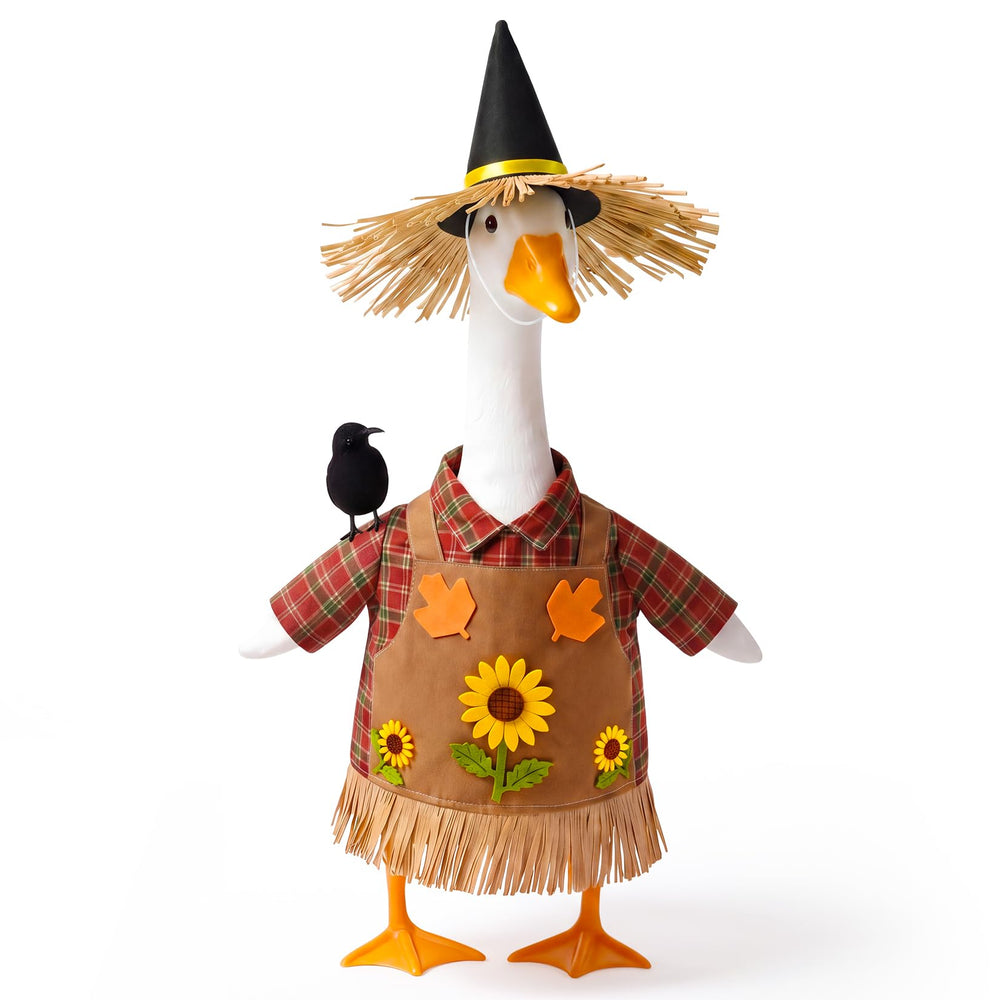 Mastom Scarecrow Goose Outfit front view with plaid shirt and sunflower apron